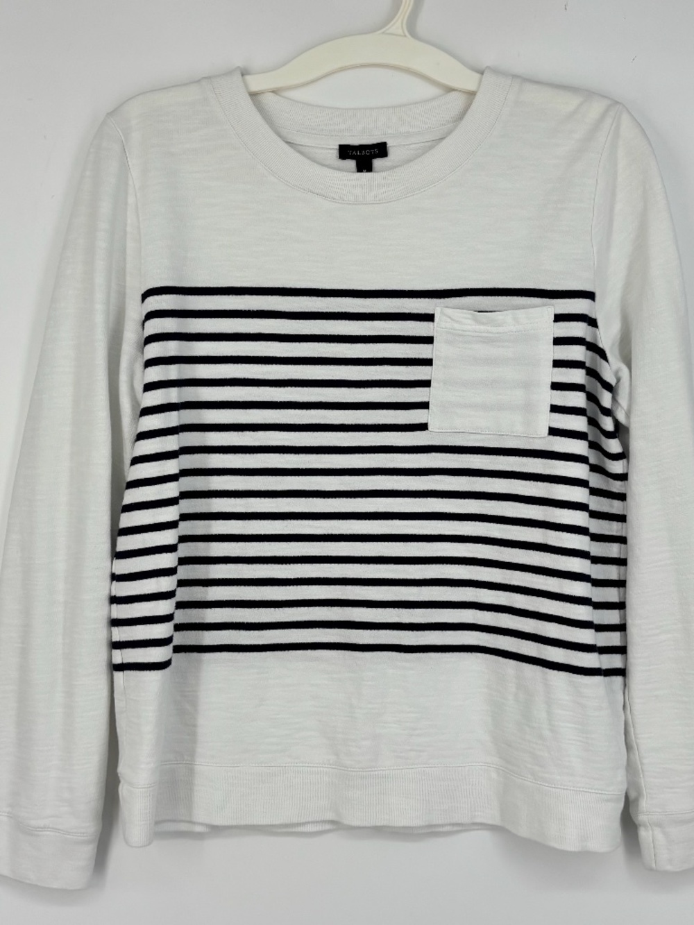Talbots Womens Medium Pullover French Terry Knit Top White Blue Stripes Nautical